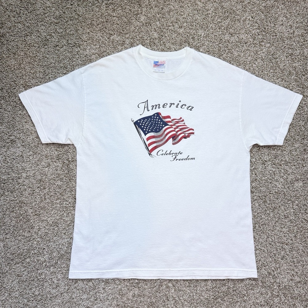 VTG Murina Mens XL America Celebrate Freedom USA Flag White Graphic T Shirt 90s